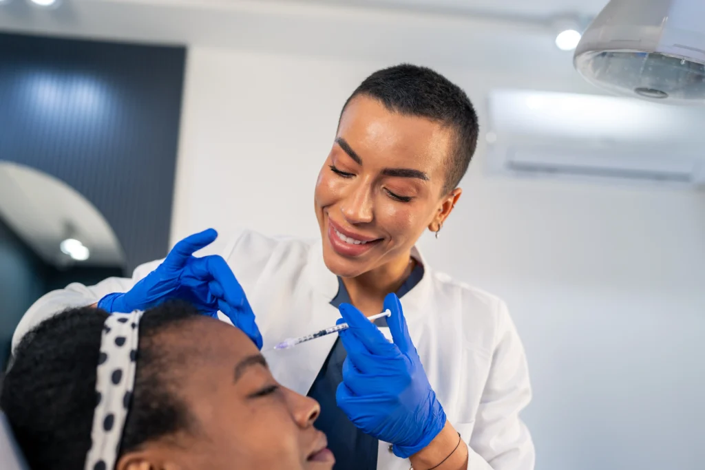 Doctor with blue gloves treats patient's face in Brooklyn, NY | Mrs. Webb Aesthetic